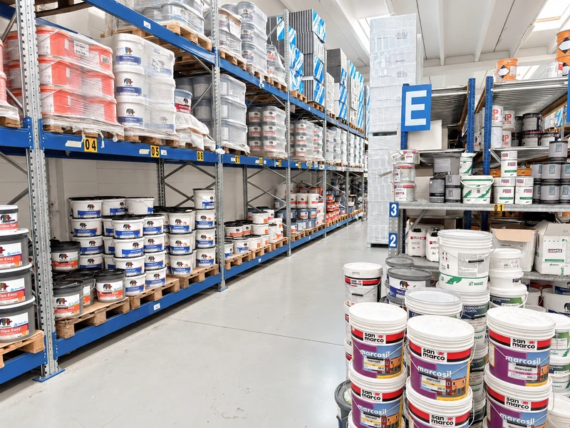 Magazzino con scaffalature piene di pitture e prodotti per l’edilizia